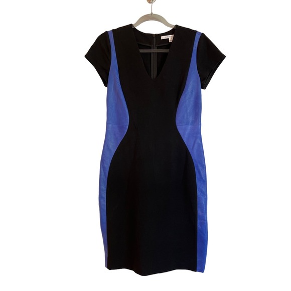 Diane Von Furstenberg Dayton Leather Panel Color Block Midi Dress Size 6 Stretch - Picture 1 of 8